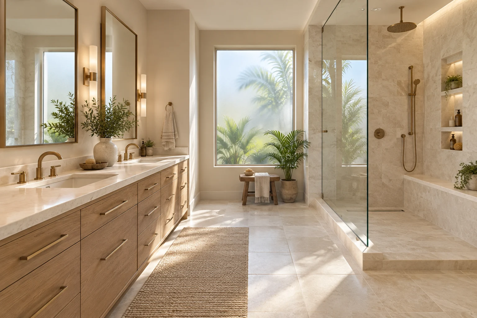 Bathroom design inspiration with limestone tile, oak vanity and walk-in shower