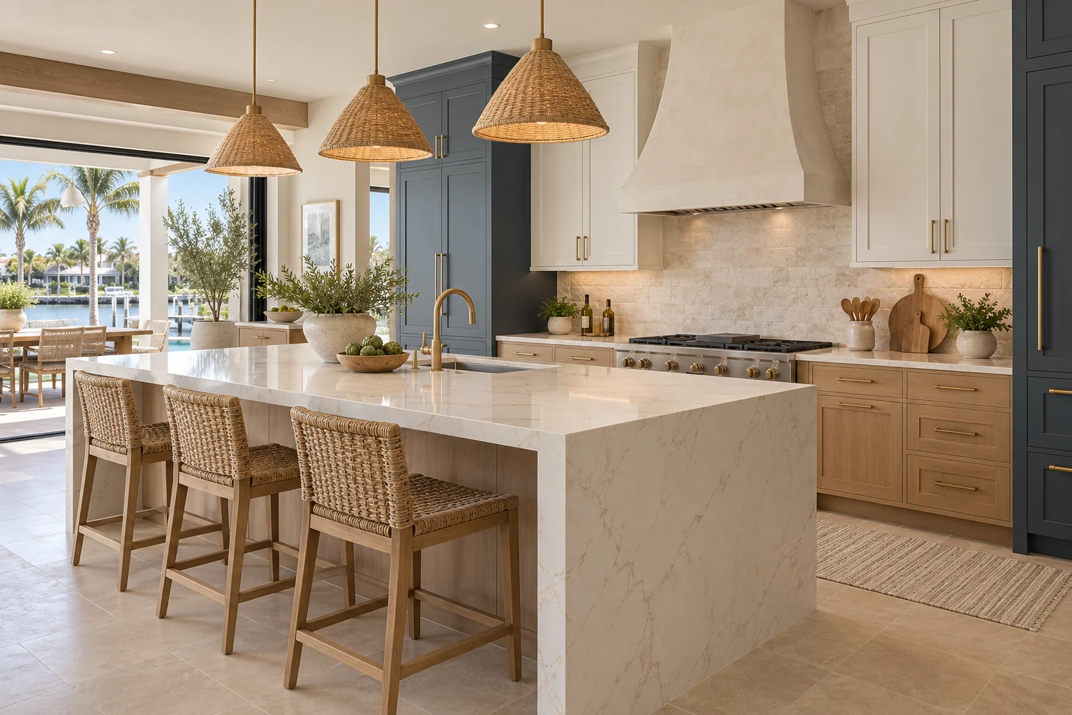 Warm oak kitchen and quartz island, remodeling inspiration